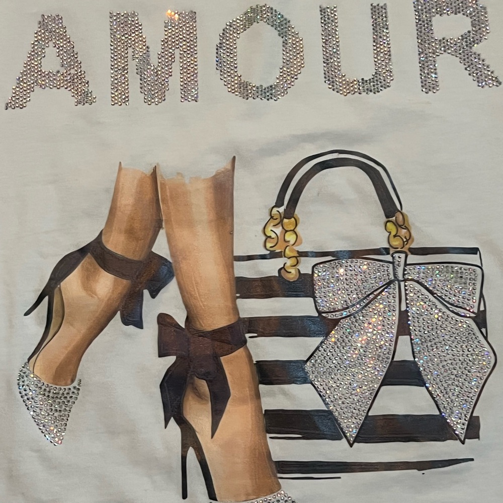 AMOUR Graphic Ruffle Sleeve Tee - White with Black & Glitter Accents - Picture 2 of 5